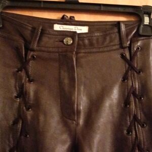 Brown Leather Lace Front Christian Dior Designer Pants With Buckles